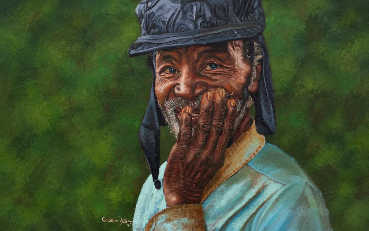 Painting of an elderly man in a dark leather cap, smiling behind the weathered hand he holds to his face, against a green background.