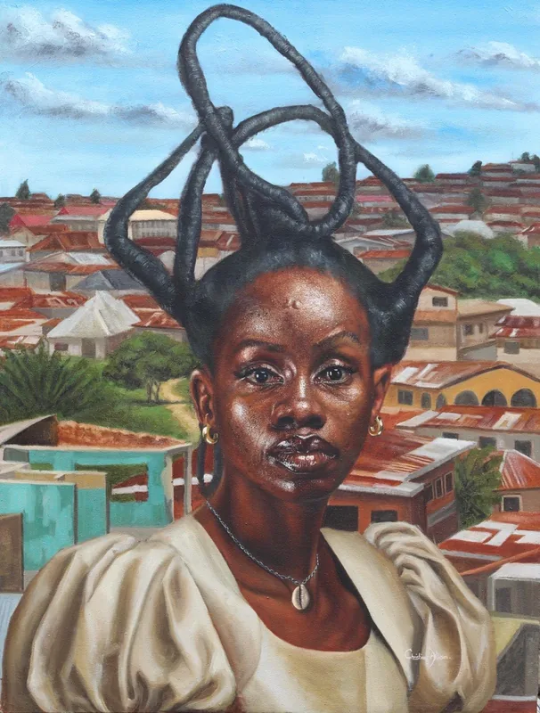 Painting of a woman with sculpted, upswept braided hair and a pendant necklace, standing before a hillside town of red rooftops.