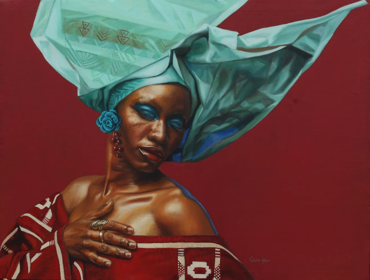 Painting of a woman in a flowing turquoise head wrap and blue eyeshadow, holding a red patterned cloth, against a deep red background.