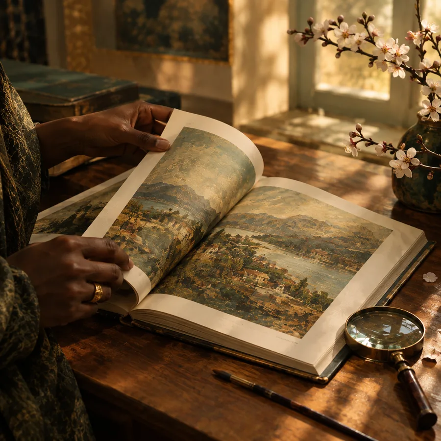 Hands turning the pages of an illustrated art book of landscape paintings, with a magnifying glass on the desk