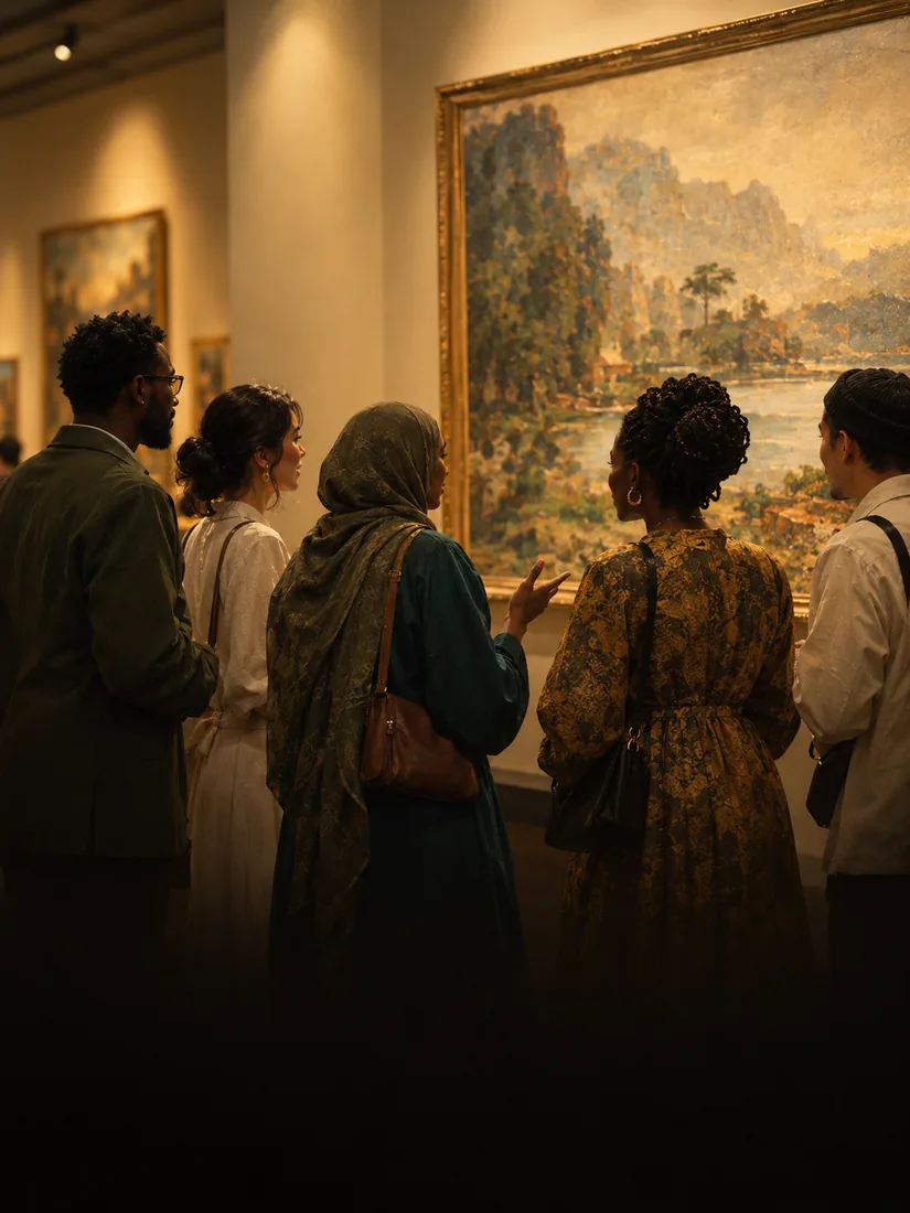 Visitors gathered in a gallery, talking in front of a large gilt-framed landscape painting