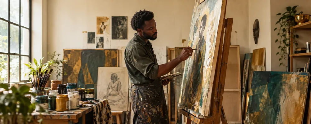 An artist painting at an easel in a sunlit studio filled with canvases