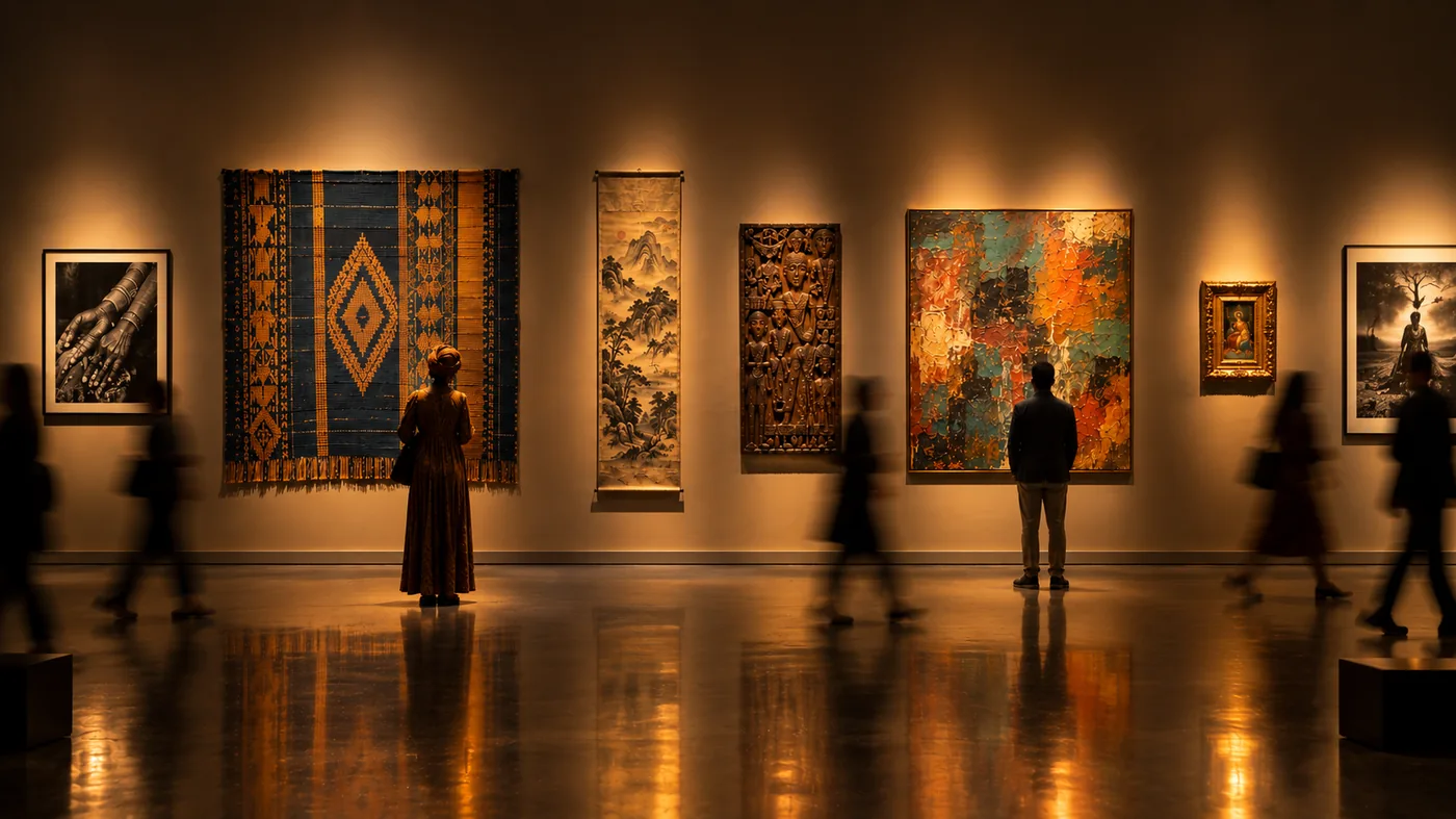 Visitors view a woven textile, scroll paintings, a carved panel and an abstract canvas in a warmly lit gallery.