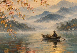 A boat on a misty lake under blossom