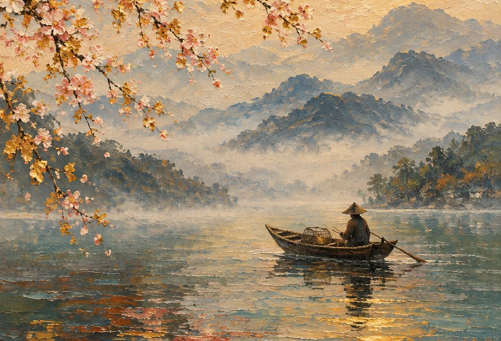 Gilded Sakura Lake in Mist: a painting of a boatman in a straw hat on a still lake at golden hour, under cherry blossom branches, with misty blue mountains behind.