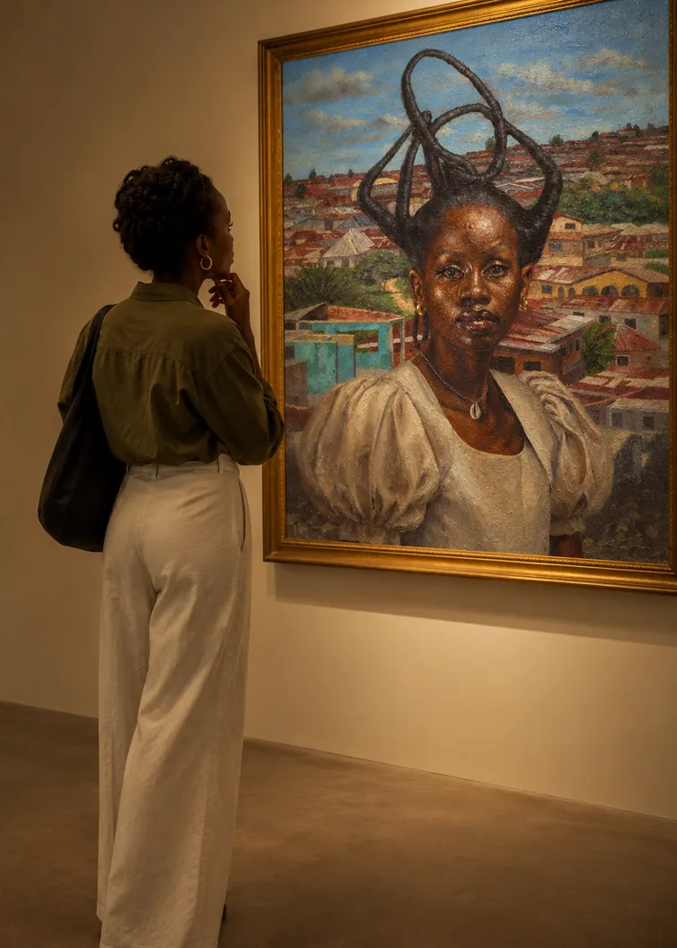 A gallery visitor studies ELLE, a large gilt-framed portrait of a woman with sculpted, upswept braided hair.