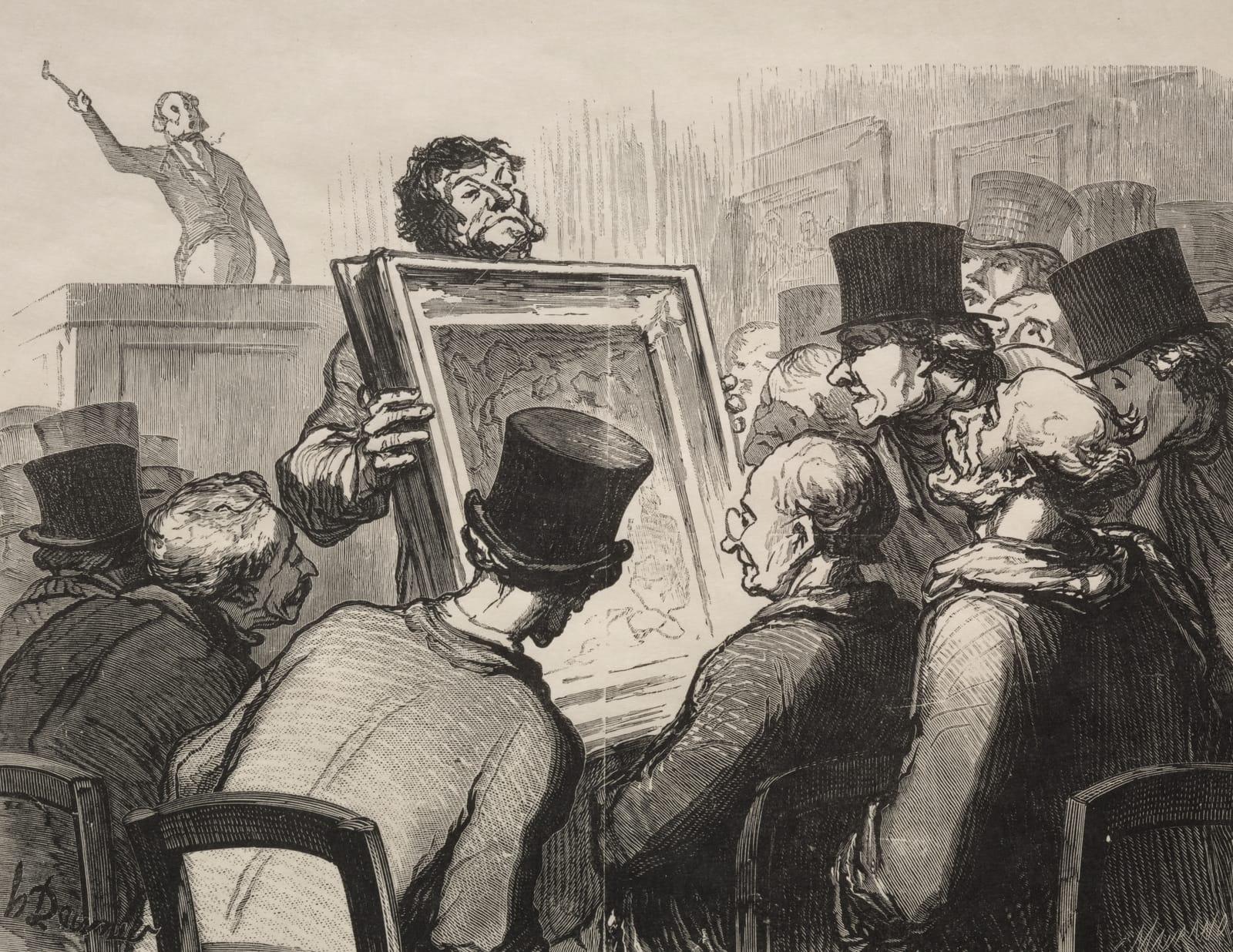 Engraving of a busy auction room: an auctioneer raises his hammer as a porter shows a framed painting to bidders in top hats