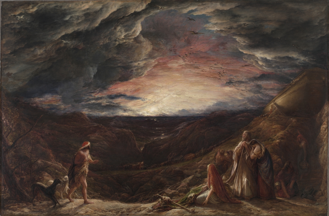 John Linnell's painting of a stormy valley, with Noah and his family beside the ark; a Creative Commons Zero image from Cleveland